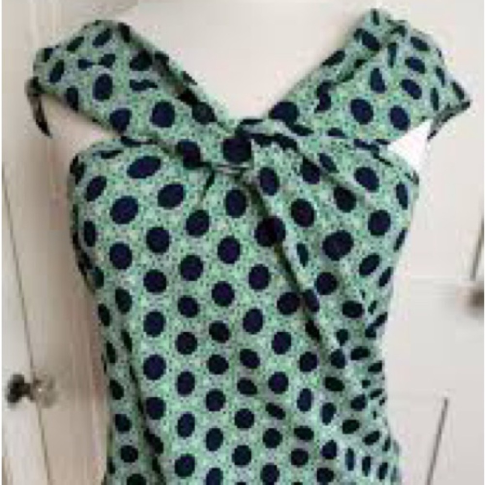 Anthropologie- Green and Navy & WhitePolka Dot Top - XS Maeve